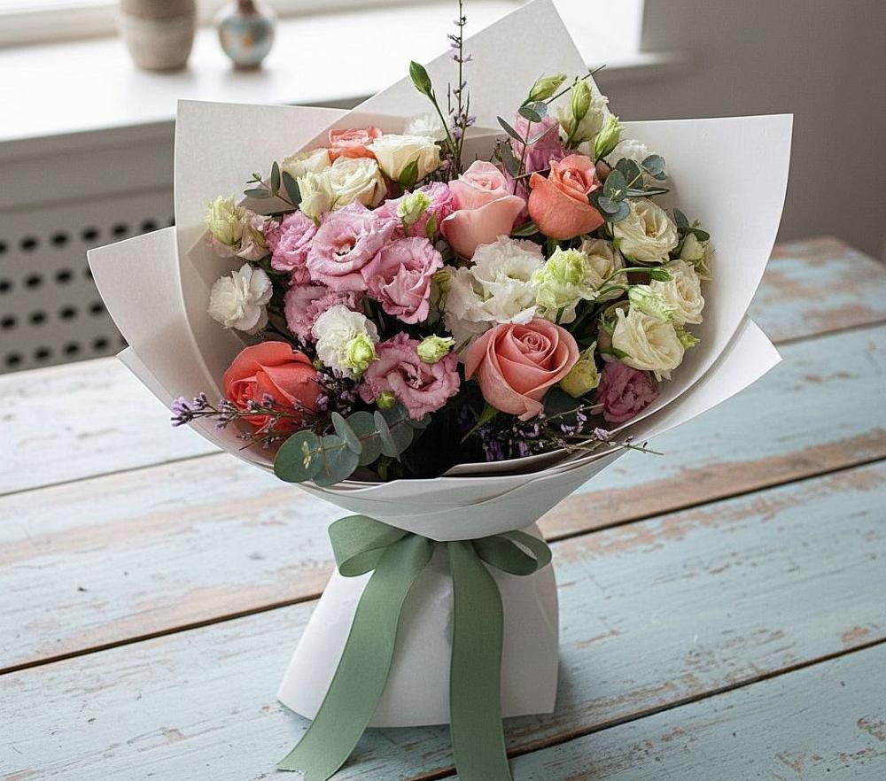 Букет цветов из: Розы, Лизиантусы и Гвоздики в Биробиджане