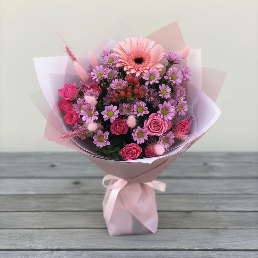 Букет цветов из: Розы, Герберы и Хризантемы в Биробиджане
