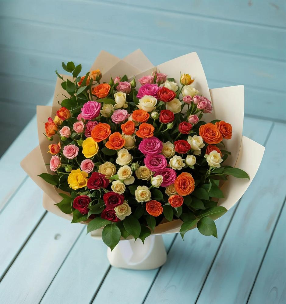 Букет Микс из разноцветных кустовых роз в Биробиджане